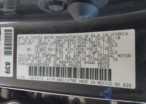 2010 Toyota Tacoma Prerunner V6 z USA, uszkodzony, nr VIN 3TMKU4HNXAM025989